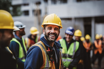 A group of smiling construction workers wearing uniforms  - obrazy, fototapety, plakaty