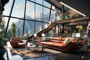 Fototapeta premium Interior in high-tech style in brown and green with mountain views. Generative AI