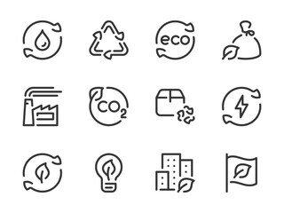 Ecology and Environment vector line icons. Eco product and Renewable energy outline icon set. Green energy, Garbage recycling, Factory, Recycling process, Water purification and more.