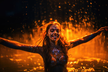 Beautiful New Age brunette tribal woman making a spiritual ritual performance by dancing in fire and water, copy space 
