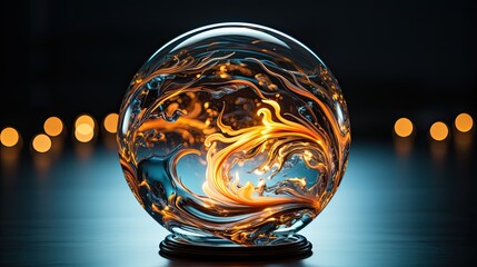 AI-generated illustration of a crystal ball with golden swirls, on a blue background. MidJourney.