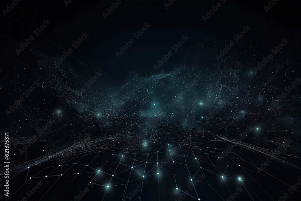 Wall mural sci-fi background of glowing particles with depth of field. network connection. generative ai