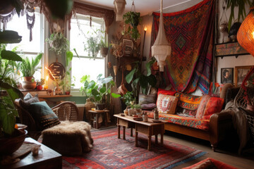 Fototapeta na wymiar Ornate cozy bedroom in bohemian style. Pillows, plants in flower pot, sofa, carpets and decor on wall. Generative AI