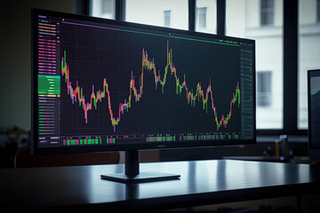 Computer monitor with crypto charts on the desk, selective focus. Generative AI