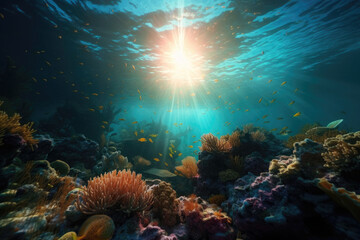 Animals of the underwater world with sun rays. Coral reef and fish. Generative AI