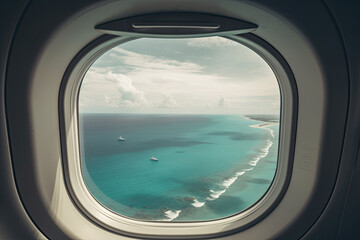 View of the beach and sea the airplane window. Travel and tourism concept. Generative AI