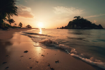 Sunset on a tropical island. Palm trees and beach on the island. A place to relax Generative AI