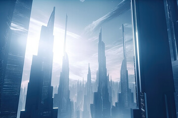 Obraz premium Modern futuristic glowing city with tall skyscrapers and modern technology. Generative AI