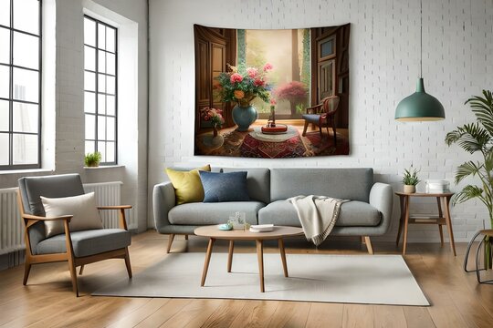 sofa set and painting and flower vase