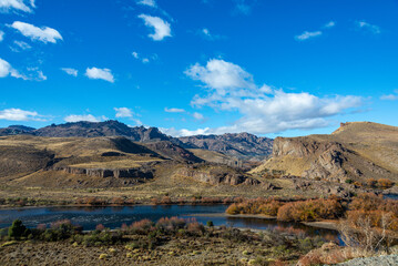 View of the Limay River amphitheater from Route 40 (237), on an autumn morning. Argentine Patagonia.