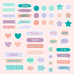 Cute paper notes in pastel colors. Stickers. Simple page. Stationary set. Notes and postcards for notes. Printable planner stickers. A note on the to-do list. Decorative element of planning. Vector