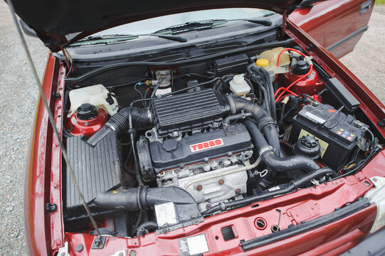 Lindesnes, Norway - July 23 2009: Engine bay of red 1992 Opel Astra 1.7D.