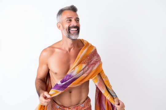 Portrait Of A Happy Middle-aged Man Wrapped In A Colorful Scarf