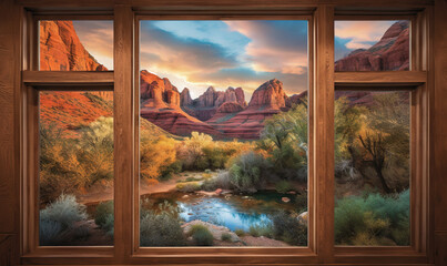  a window with a view of mountains and a river in it.  generative ai