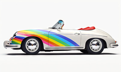  a white car with a rainbow stripe painted on the side.  generative ai