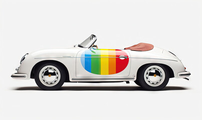  a white car with a rainbow painted on the side of it.  generative ai