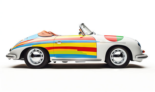  a car painted with multi - colored stripes and a woman's head sticking out of the top of the car.  generative ai