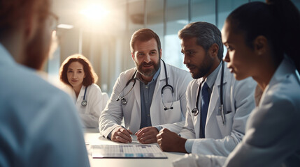 Fototapeta premium A male doctor engaged in a discussion with colleagues, exchanging ideas and advancing medical knowledge Generative AI