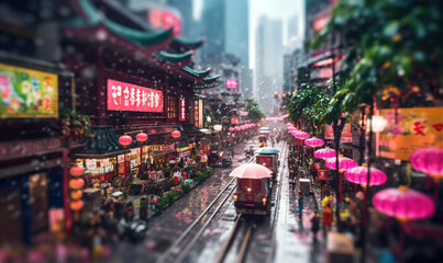  a city street filled with lots of traffic under pink umbrellas.  generative ai