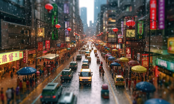  a city street filled with lots of traffic under umbrellas.  generative ai