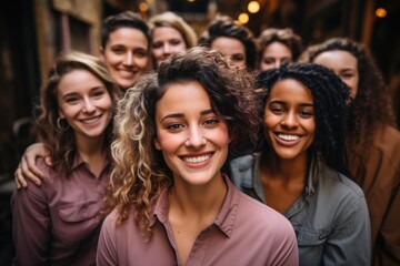 Fototapeta premium Smiling group of female coworkers posing looking at the camera