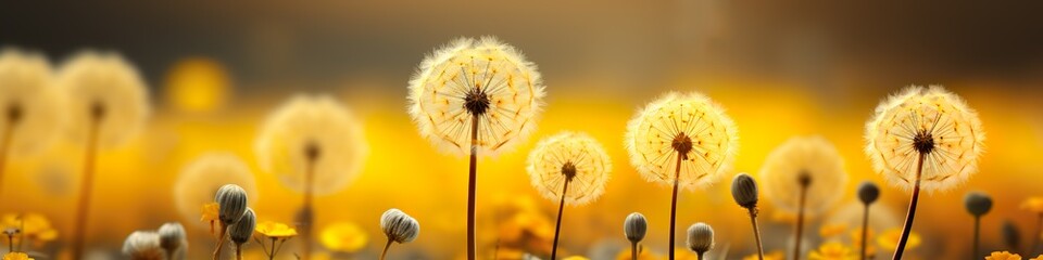 white dandelions in a yellow dandelion field, abstract ai-art, panorama background banner