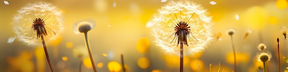 white dandelion in a yellow dandelion field, abstract ai-art, panorama background banner - obrazy, fototapety, plakaty