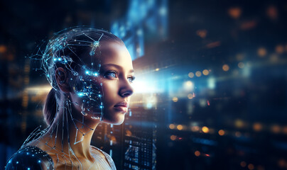 AI, Artificial Intelligence, AI generated content Concept. Artist woman using AI Art Assistant to generate image. Text to image command prompt generates, technology Business, futuristic 