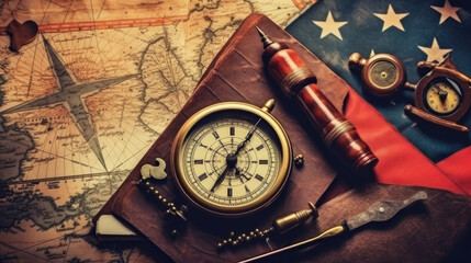 Fototapeta na wymiar American flag and compass on treasure map on the table for Colombus Day