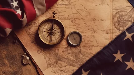 Fototapete Schiff American flag and compass on treasure map on the table for Colombus Day