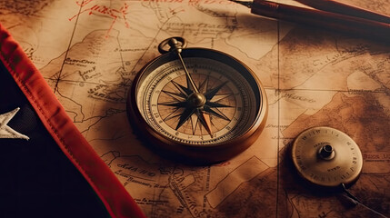 American flag and compass on treasure map on the table for Colombus Day