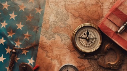 American flag and compass on treasure map on the table for Colombus Day