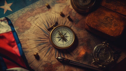 Obraz premium American flag and compass on treasure map on the table for Colombus Day