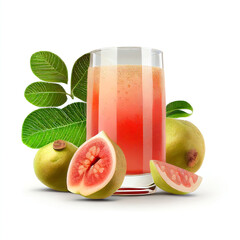 Extra bright guava juice with fruits and leaves in a glass isolated on white background in png format studio close up minimalist packshot mode. AI Generative image