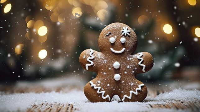 Weihnachtlicher Hintergrund mit einem grinsenndem Lebkuchenm&auml;nnchen in schneiender Umgebung.