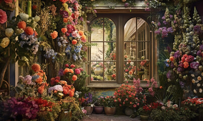  a painting of a garden with flowers and a window in the background.  generative ai