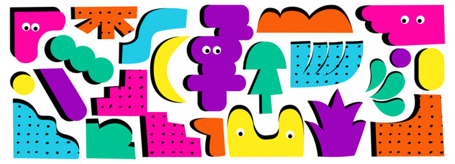 Abstract cute cartoon geometric shape character. Funny doodle vector figure. Trendy childish element, contemporary collage set. Simple geometry form with texture. Bright background illustration