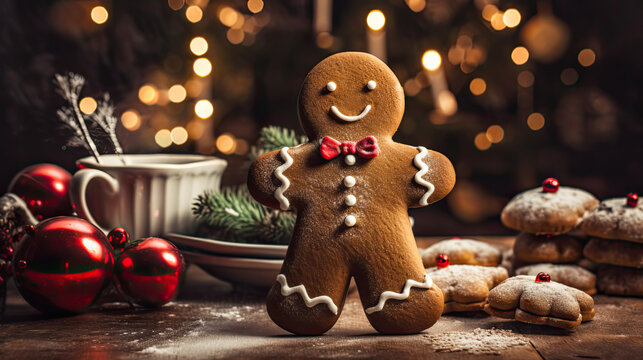 Grinsendes Lebkuchenm&auml;nnchen mit roter Fliege auf einer Backfl&auml;che mit Weihnachtsdekoration und Weihnachtsgeb&auml;ck.