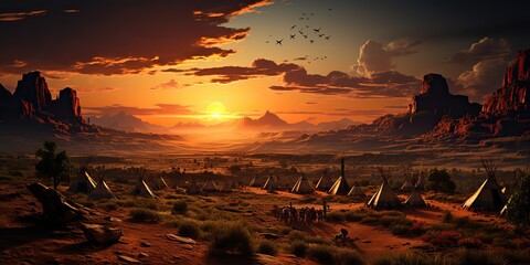AI Generated. AI Generative. Native american indian history tribe village camp wigwam landscape. Evening sunshine nature outdoor mountain desert texas. Graphic Art - obrazy, fototapety, plakaty