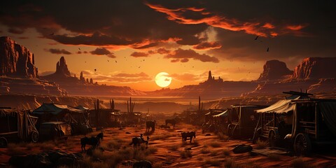 AI Generated. AI Generative. Native american indian history tribe village camp wigwam landscape. Evening sunshine nature outdoor mountain desert texas. Graphic Art