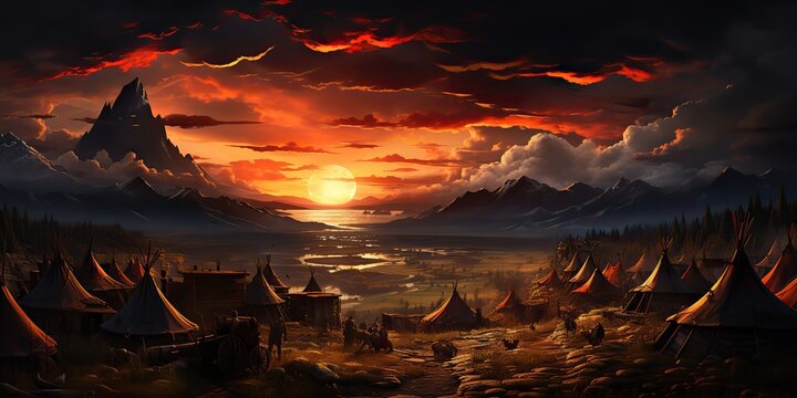 AI Generated. AI Generative. Native american indian history tribe village camp wigwam landscape. Evening sunshine nature outdoor mountain desert texas. Graphic Art
