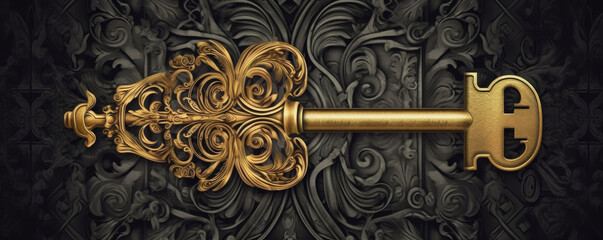 Sophisticated background with golden key elements and intricate patterns, symbolizing opportunity and success in business panorama