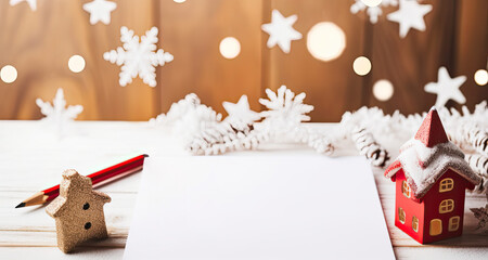 Weihnachtlicher Hintergrund mit Schnee, Weihnachtsdekoration und einem weißen leeren Blatt Papier für Text.