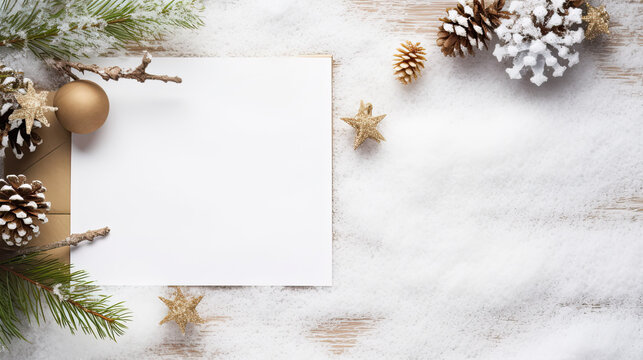 Weihnachtlicher Hintergrund mit Schnee, Weihnachtsdekoration und einem wei&szlig;en leeren Blatt Papier f&uuml;r Text.