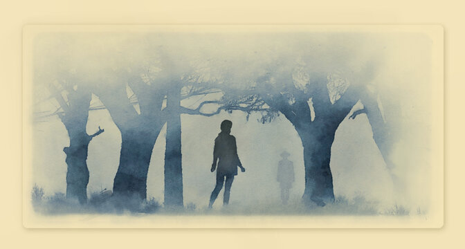 A woman walking in the forest in the fog meets a man who appears from the fog in this watercolor painting illustration. The man could be a stranger or friend, too foggy to tell.