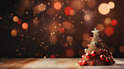 Weihnachtlicher Hintergrund mit selbst gebasteltem Weihnachtsbaum auf Holzuntergrund, Schneeflocken und Textfreiraum.. - obrazy, fototapety, plakaty