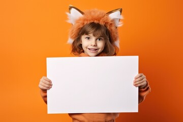 Girl Dressed as a Cat for Halloween Holding a Blank Sign with Space for Copy