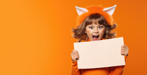 Girl Dressed as a Cat Holding a Blank Sign for Halloween with Space for Copy