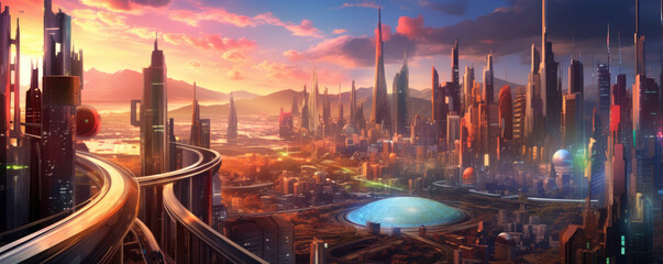 Obraz premium Futuristic cityscape with holographic buildings and advanced infrastructure, portraying a vision of smart cities and digital transformation in the corporate world panorama