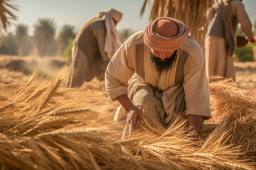 Depiction of life in Ancient Egypt. Ancient Egyptian farmers working in the Nile Delta, tending to the fields of wheat and barley - obrazy, fototapety, plakaty